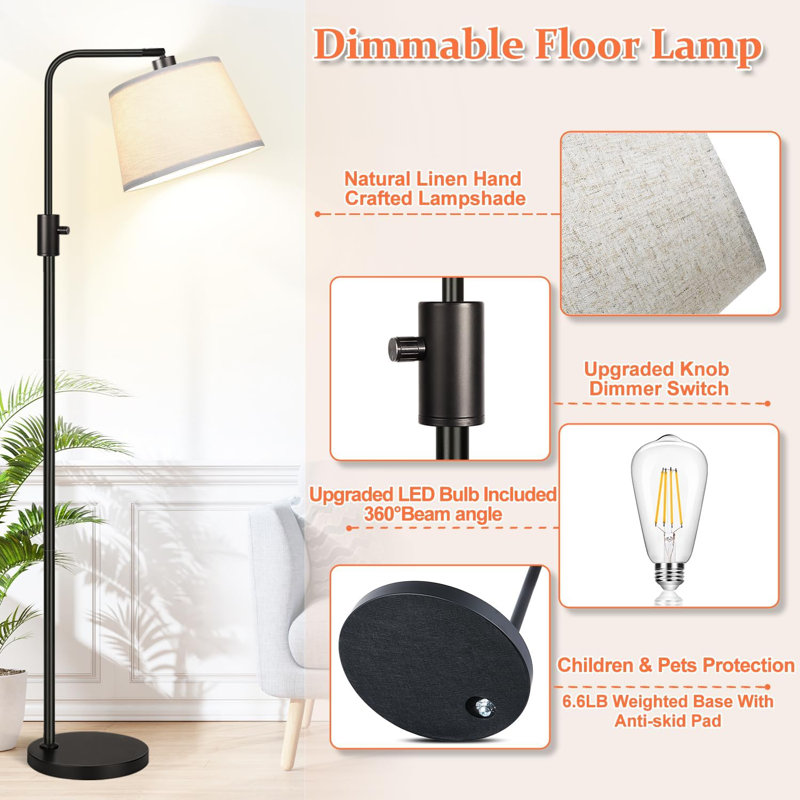 Latitude Run Dimmable Floor Lamp 1000 Lumens LED Edison Bulb Included Arc Floor Lamps For Living Room Modern Standing Lamp With Linen Shade Tall Lamp For Bedroom Office Dining Room Wayfair